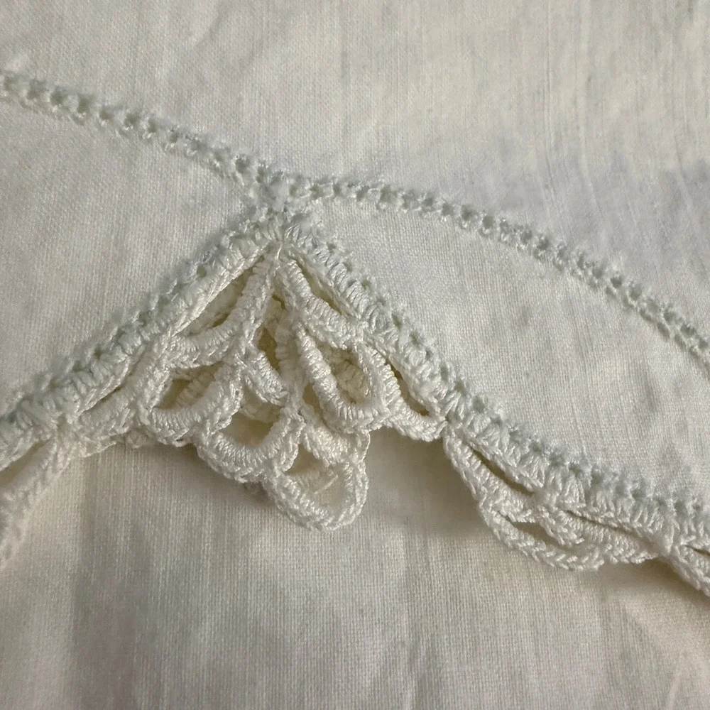 Vintage White Cotton Pillowcase Set 4 Hand Embroidered Lotus Flower Crochet Lace